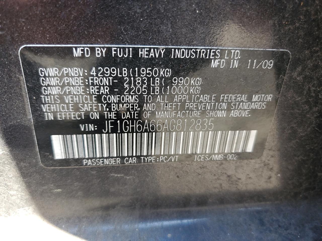 2010 Subaru Impreza 2.5I VIN: JF1GH6A66AG812835 Lot: 62062375