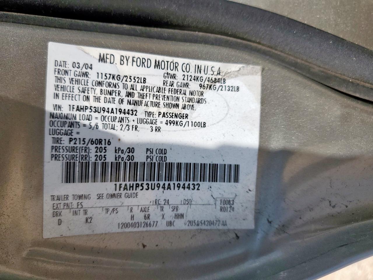 2004 Ford Taurus Se VIN: 1FAHP53U94A194432 Lot: 59384085