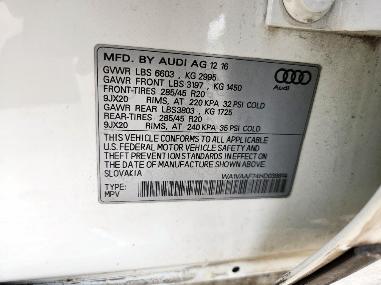 2017 Audi Q7 Prestige VIN: WA1VAAF74HD039914 Lot: 60915225