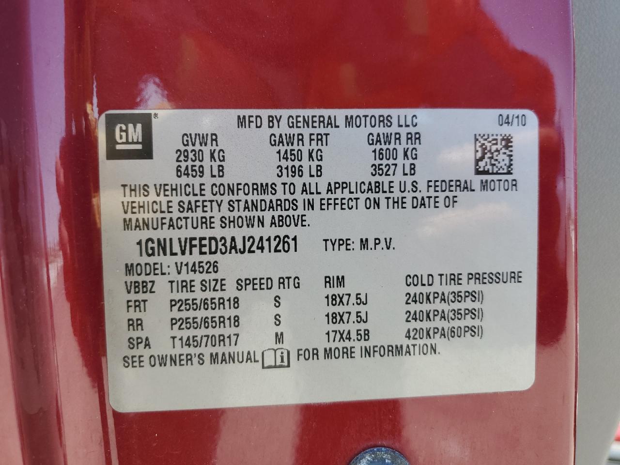 2010 Chevrolet Traverse Lt VIN: 1GNLVFED3AJ241261 Lot: 62519975
