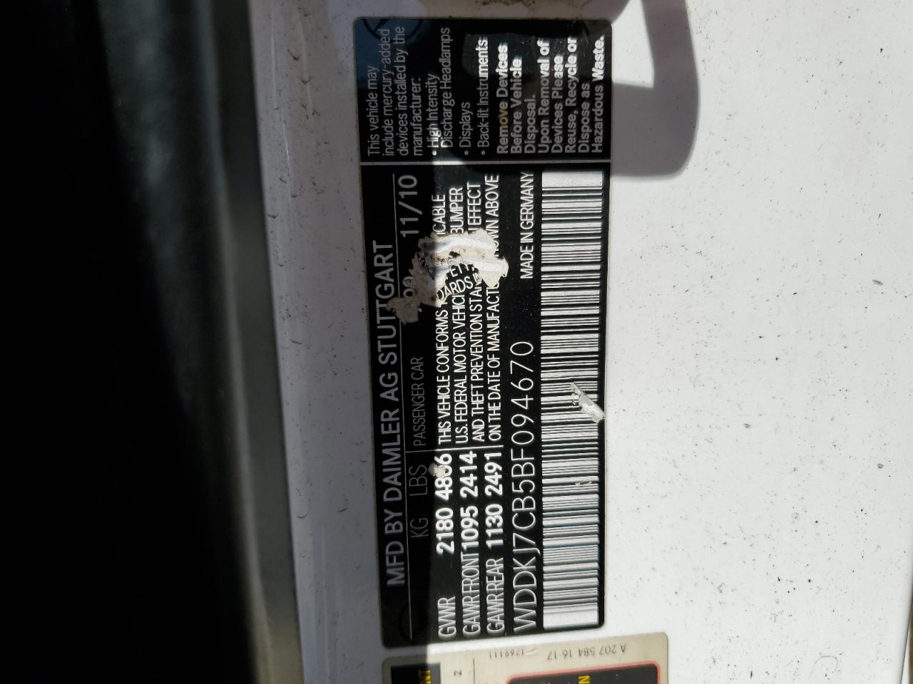 2011 Mercedes-Benz E 550 VIN: WDDKJ7CB5BF094670 Lot: 61821465