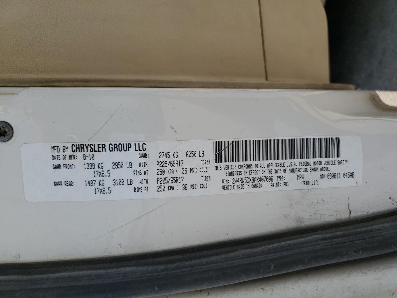 2010 Volkswagen Routan Sel VIN: 2V4RW5DX8AR407006 Lot: 61575355