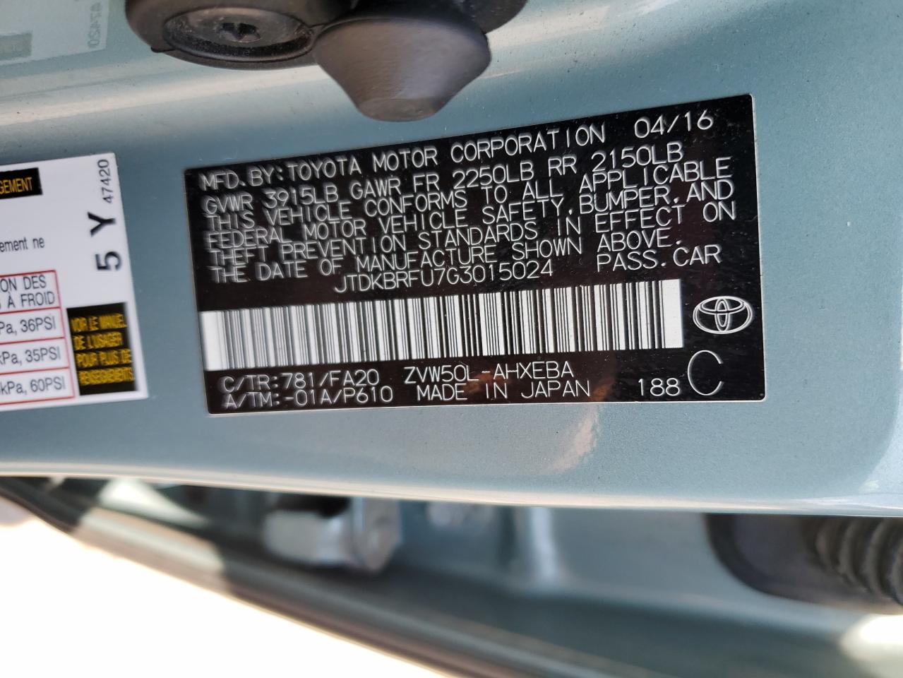 2016 Toyota Prius VIN: JTDKBRFU7G3015024 Lot: 62893555