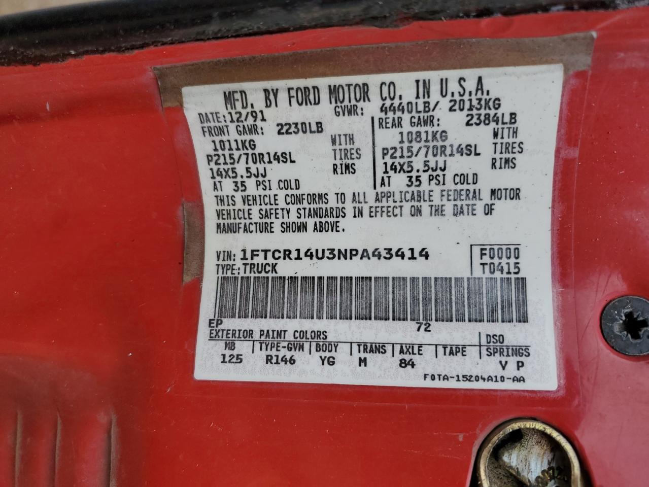 1992 Ford Ranger Super Cab VIN: 1FTCR14U3NPA43414 Lot: 62961125