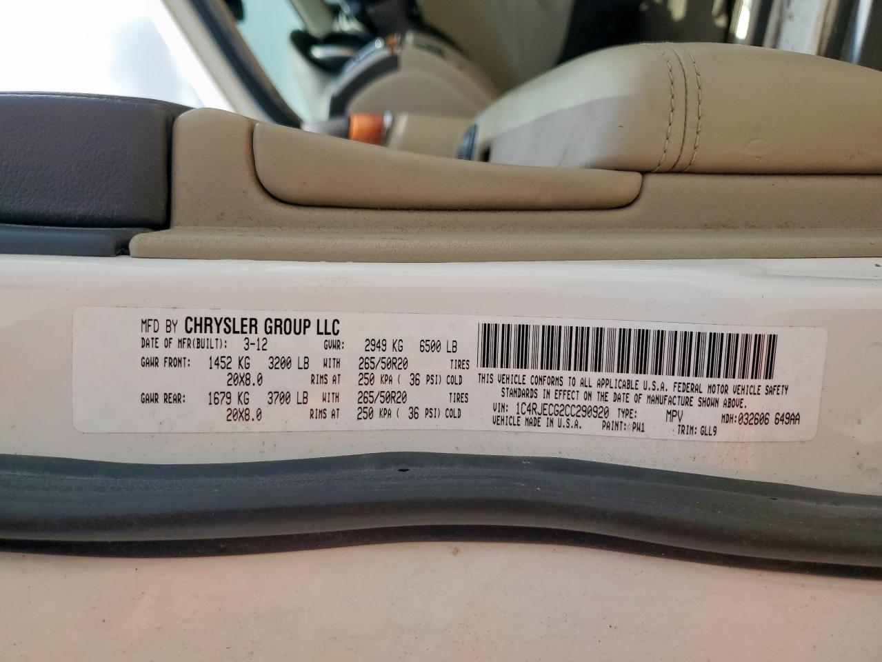 2012 Jeep Grand Cherokee Overland VIN: 1C4RJECG2CC290920 Lot: 62533575