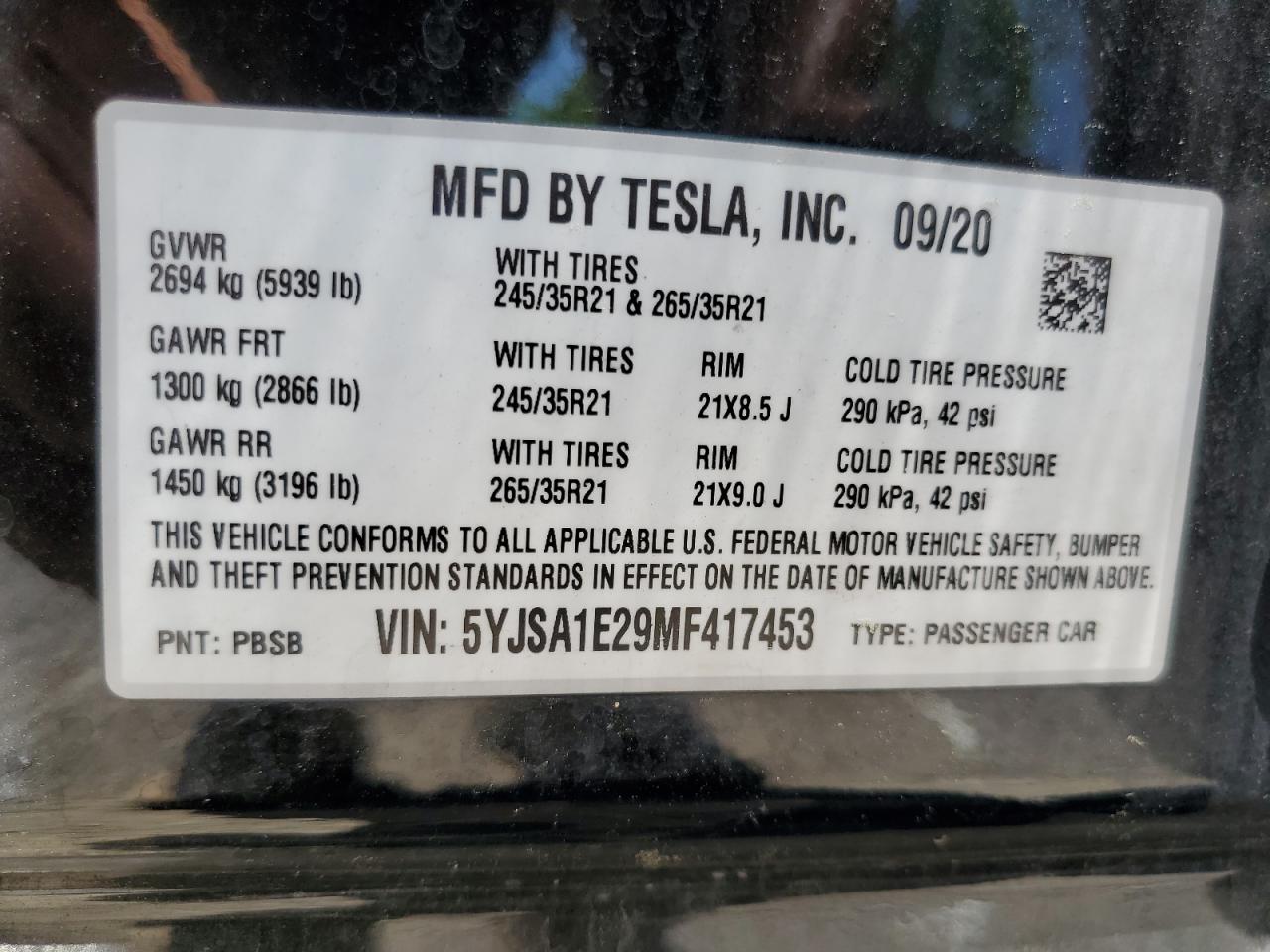 2021 Tesla Model S VIN: 5YJSA1E29MF417453 Lot: 61480025
