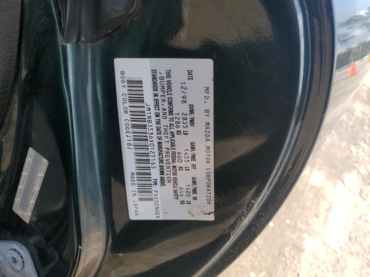1999 Mazda Mx-5 Miata VIN: JM1NB3536X0125163 Lot: 61210495