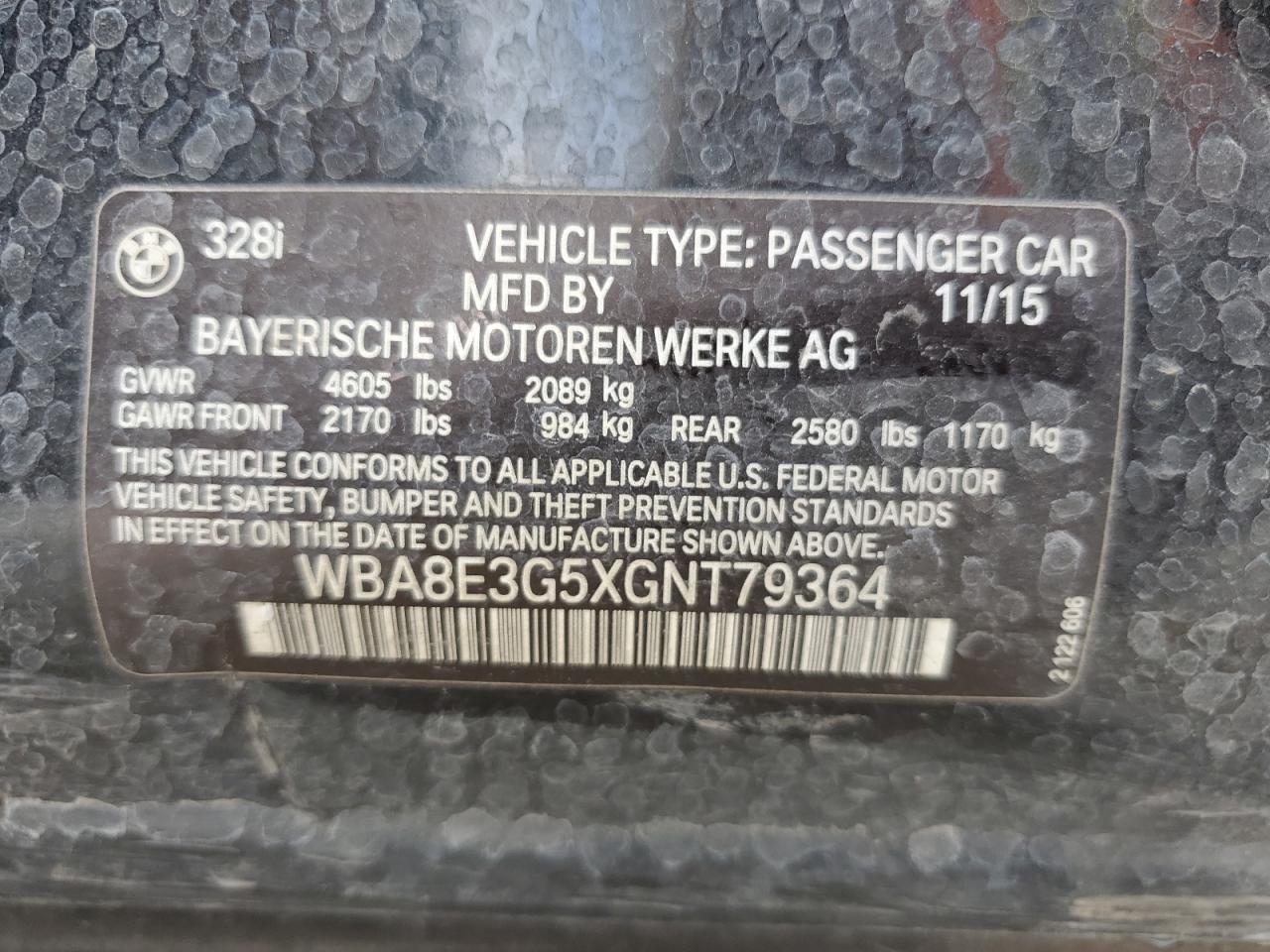 2016 BMW 328 Xi Sulev VIN: WBA8E3G5XGNT79364 Lot: 62597765