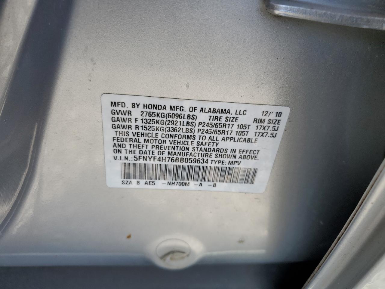 2011 Honda Pilot Exln VIN: 5FNYF4H76BB059634 Lot: 59106585