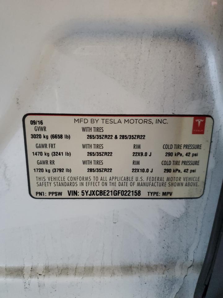 2016 Tesla Model X VIN: 5YJXCBE21GF022158 Lot: 63238255