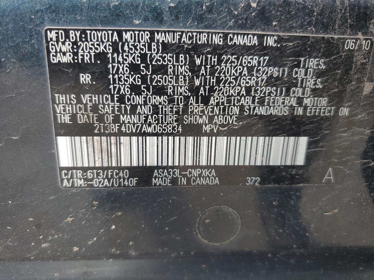 2010 Toyota Rav4 VIN: 2T3BF4DV7AW065834 Lot: 59555125