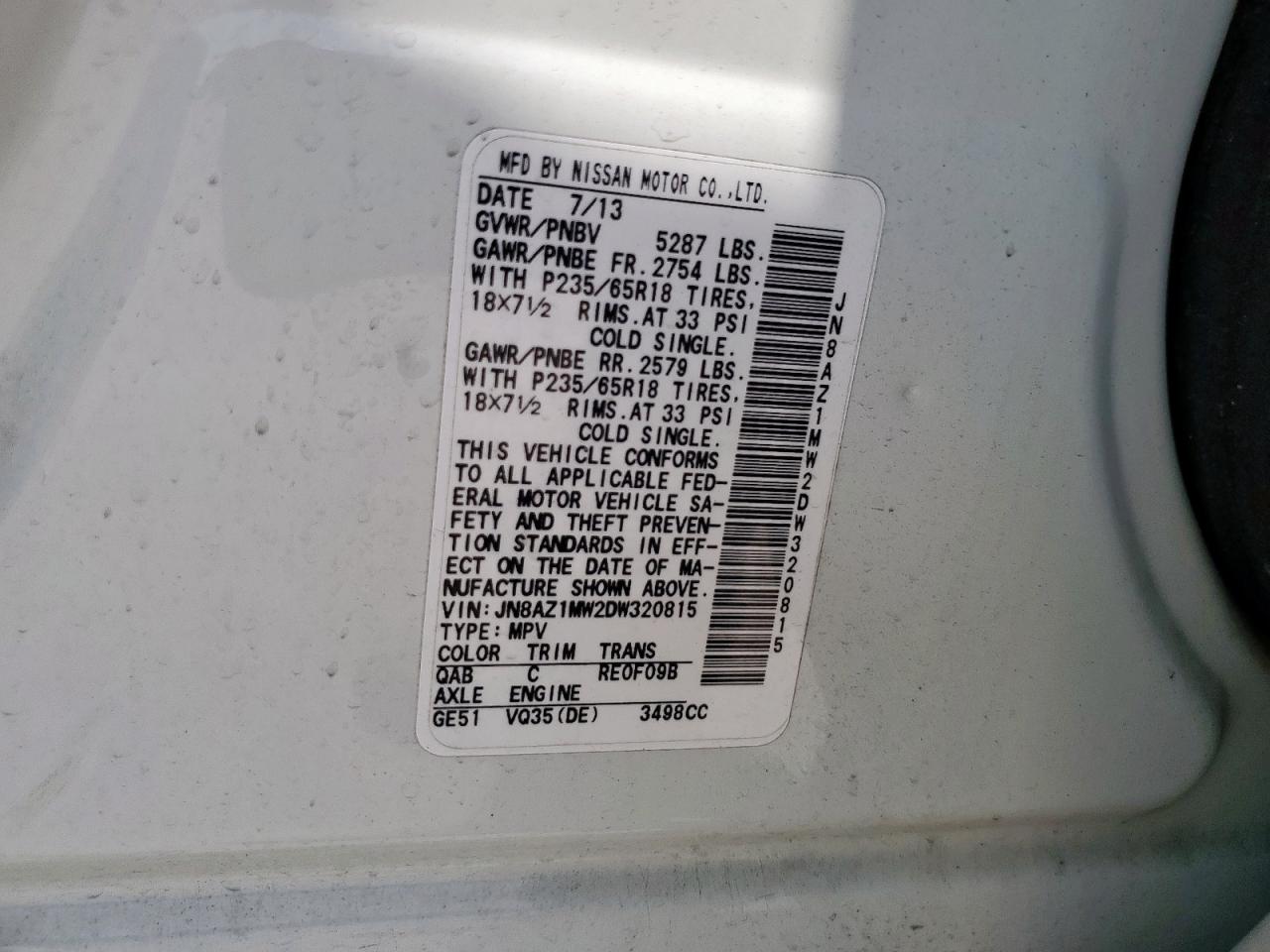 2013 Nissan Murano S VIN: JN8AZ1MW2DW320815 Lot: 57240815
