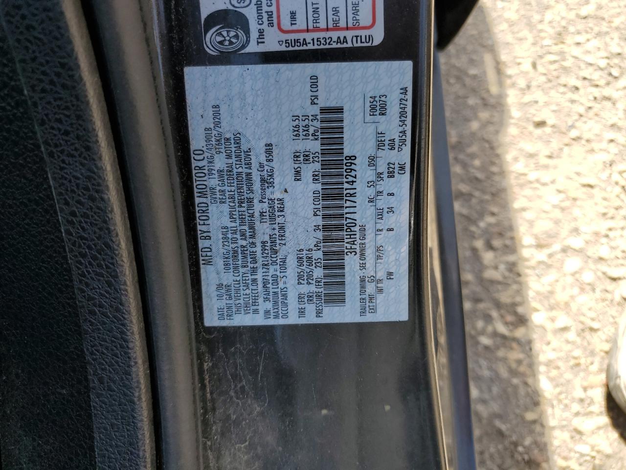 2007 Ford Fusion Se VIN: 3FAHP07117R142998 Lot: 62925955