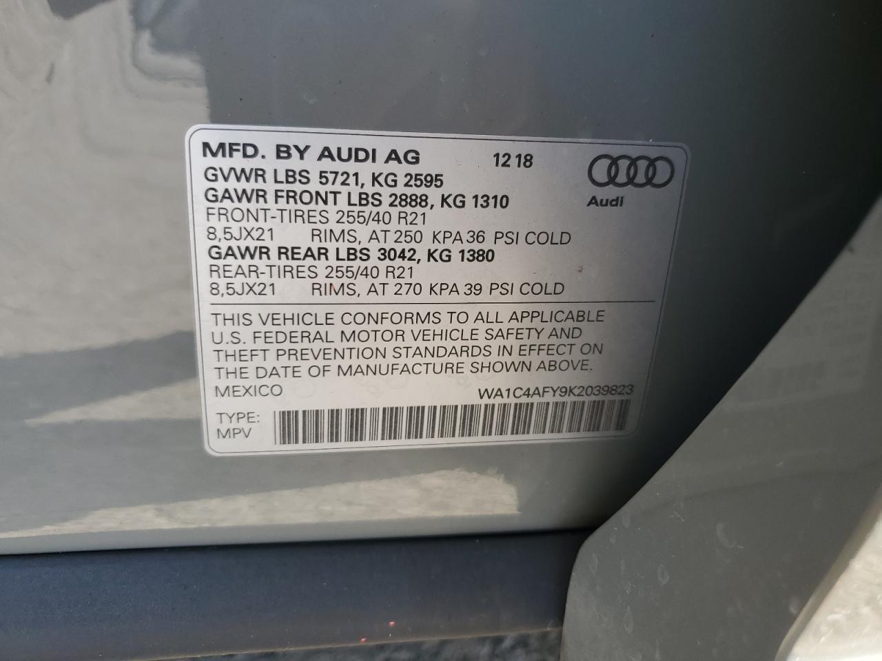 2019 Audi Sq5 Prestige VIN: WA1C4AFY9K2039823 Lot: 61786855