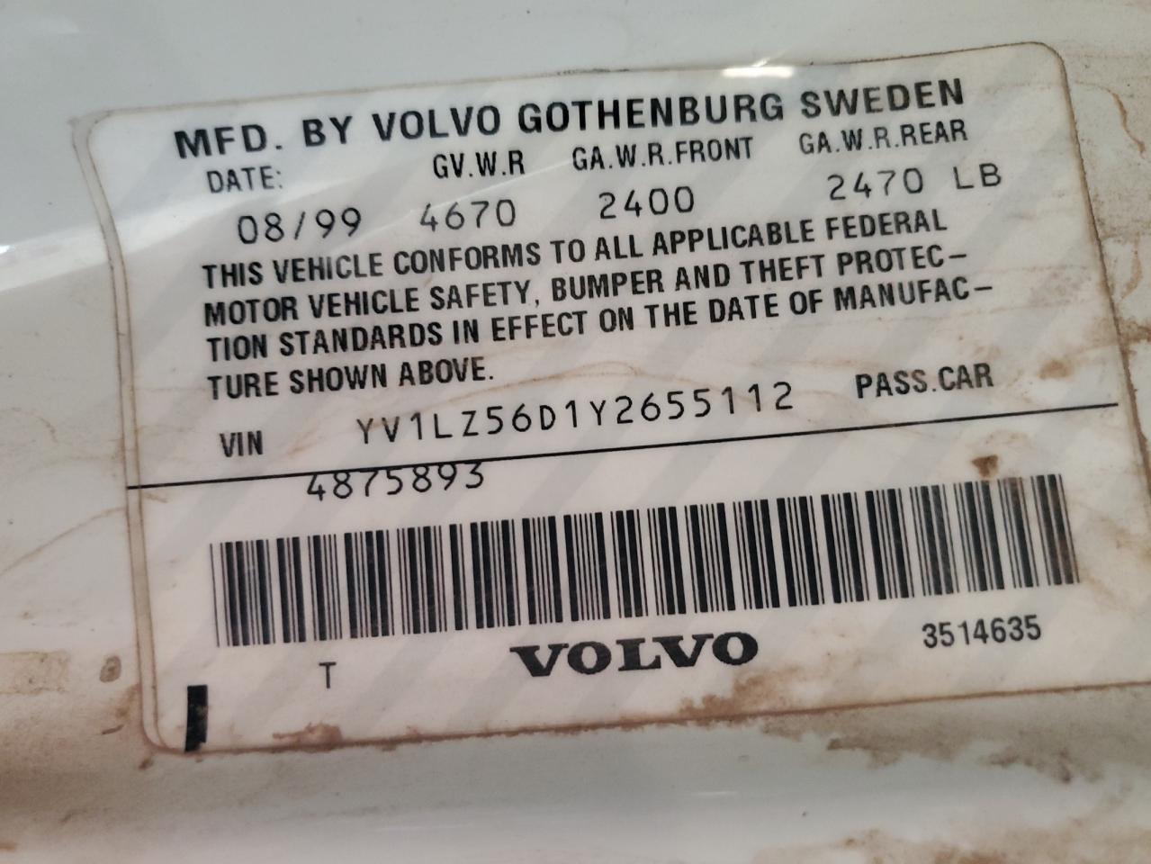 2000 Volvo V70 Xc VIN: YV1LZ56D1Y2655112 Lot: 60082325