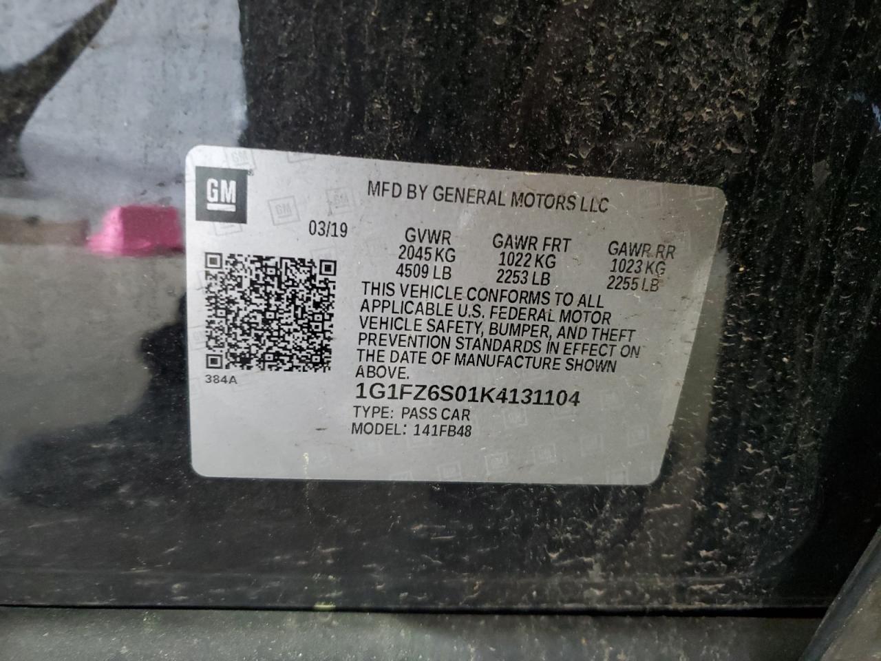 2019 Chevrolet Bolt Ev Premier VIN: 1G1FZ6S01K4131104 Lot: 60405625