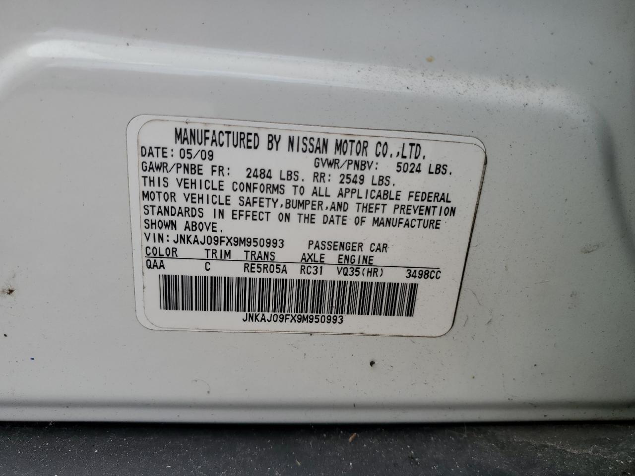2009 Infiniti Ex35 Base VIN: JNKAJ09FX9M950993 Lot: 62466245