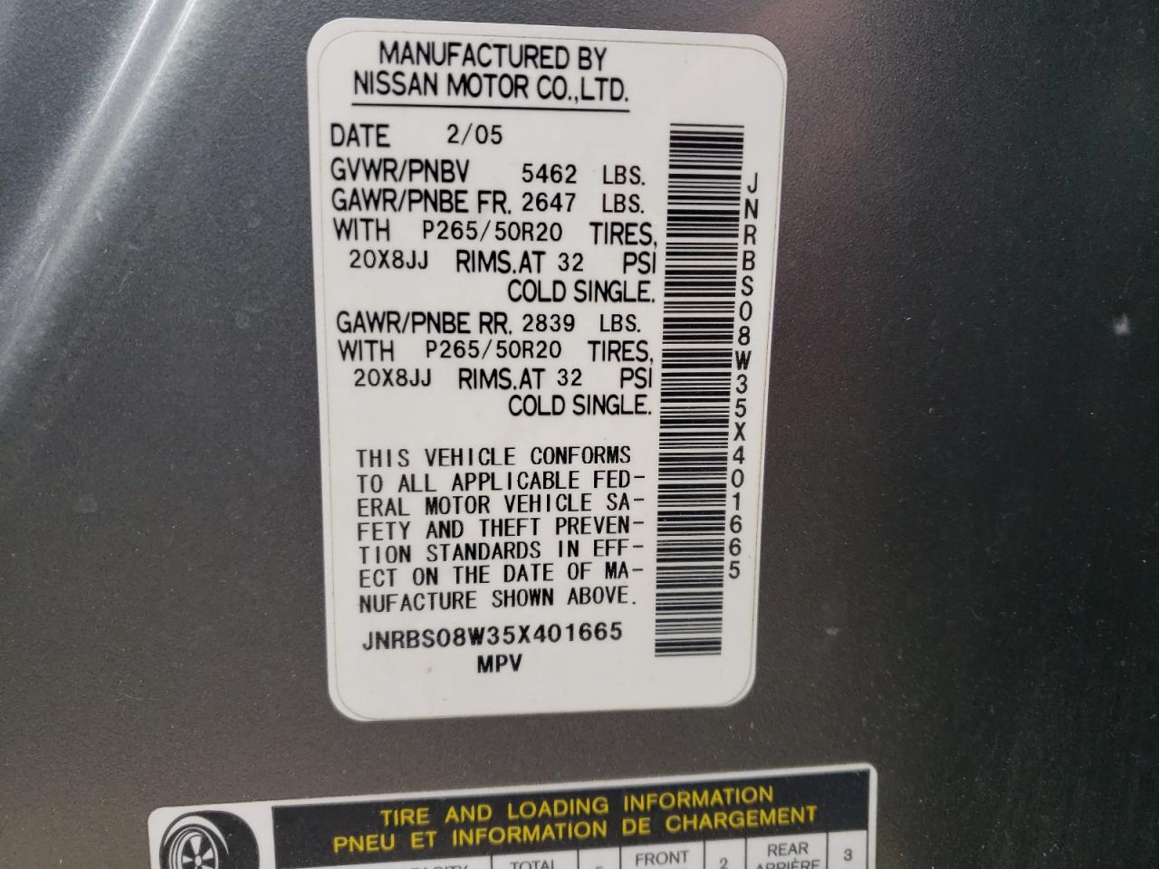 2005 Infiniti Fx45 VIN: JNRBS08W35X401665 Lot: 59184355