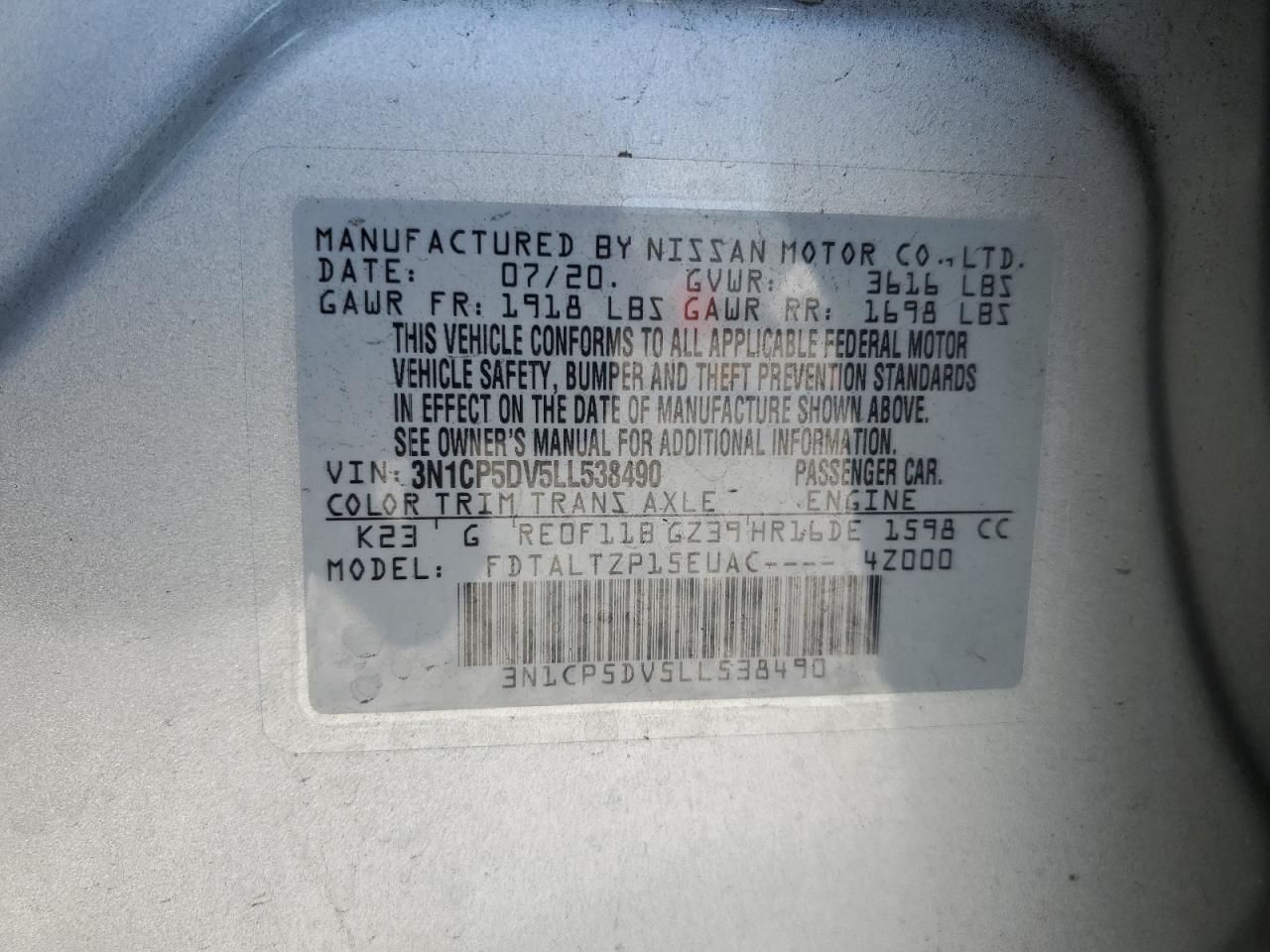 2020 Nissan Kicks Sr VIN: 3N1CP5DV5LL538490 Lot: 62460705