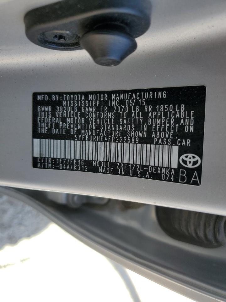 2015 Toyota Corolla L VIN: 5YFBURHE4FP322589 Lot: 61777785