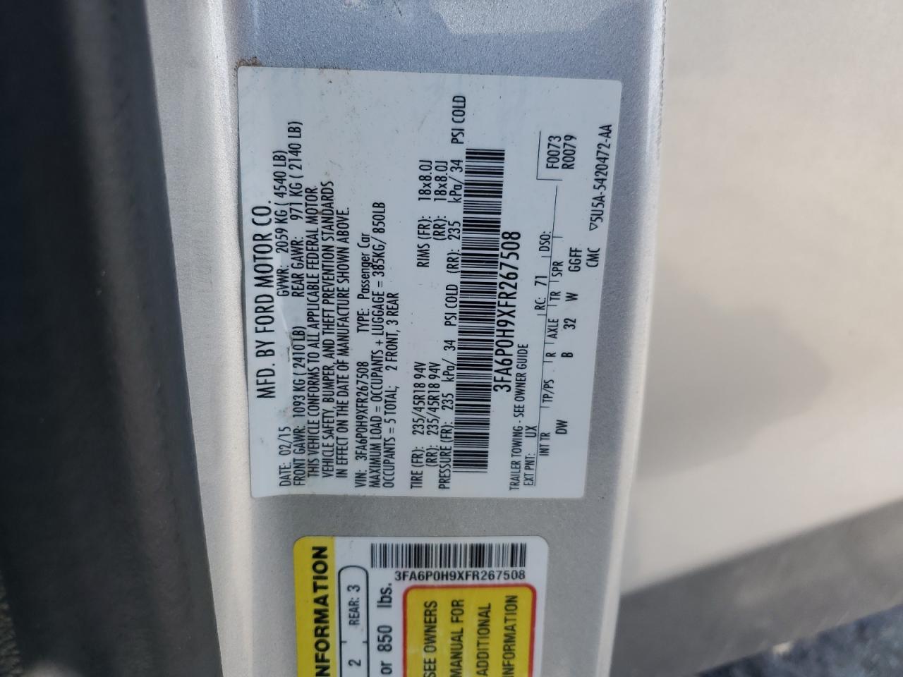FORD FUSION 2015 VIN 3FA6P0H9XFR267508 фото 13