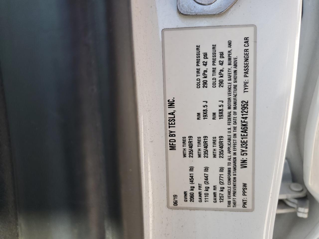 2019 Tesla Model 3 VIN: 5YJ3E1EA6KF412952 Lot: 61330495