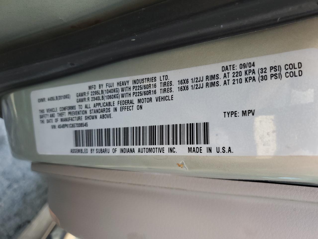 2005 Subaru Legacy Outback 2.5I VIN: 4S4BP61C657338545 Lot: 62572545