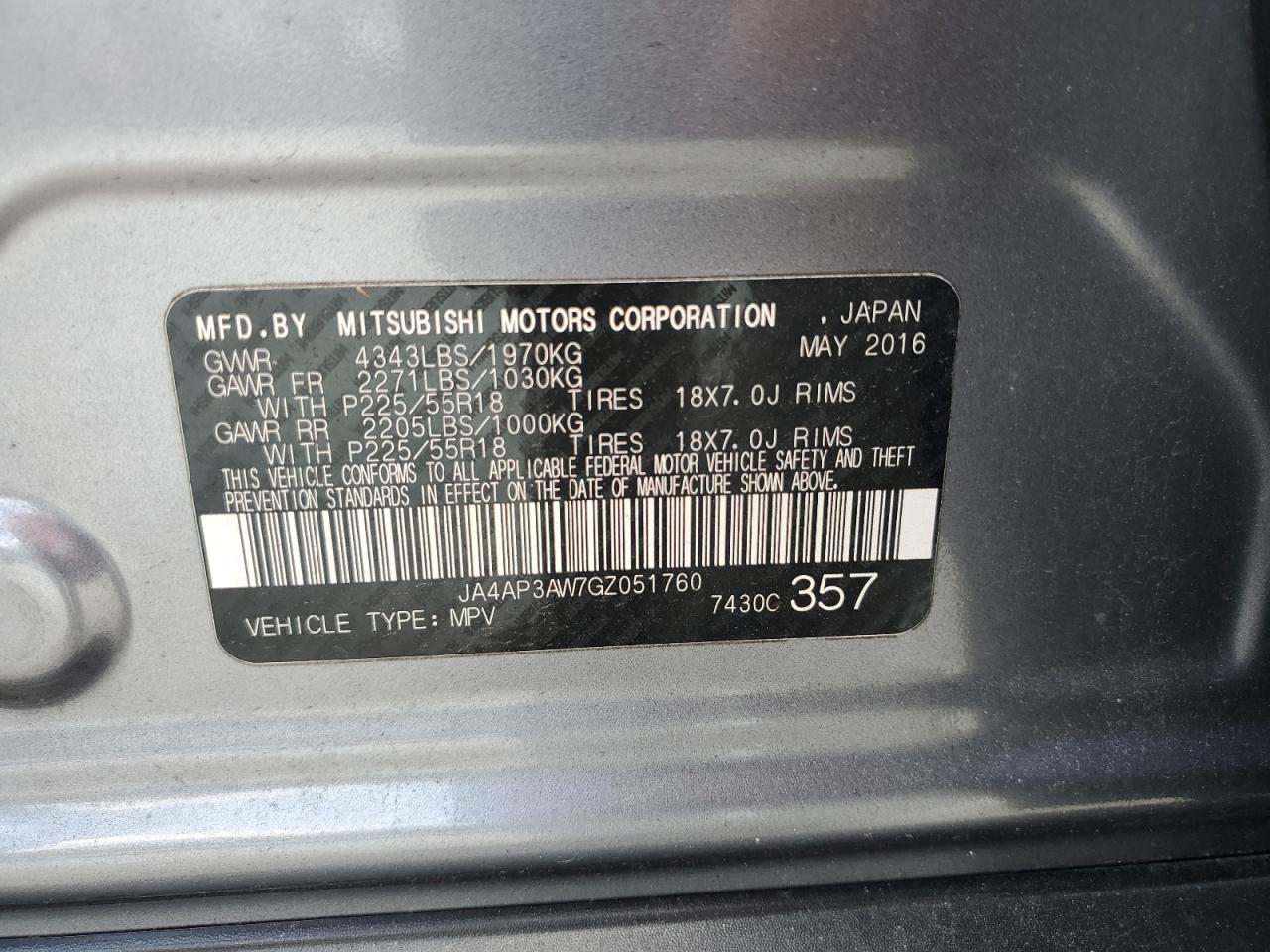 2016 Mitsubishi Outlander Sport Es VIN: JA4AP3AW7GZ051760 Lot: 62231595