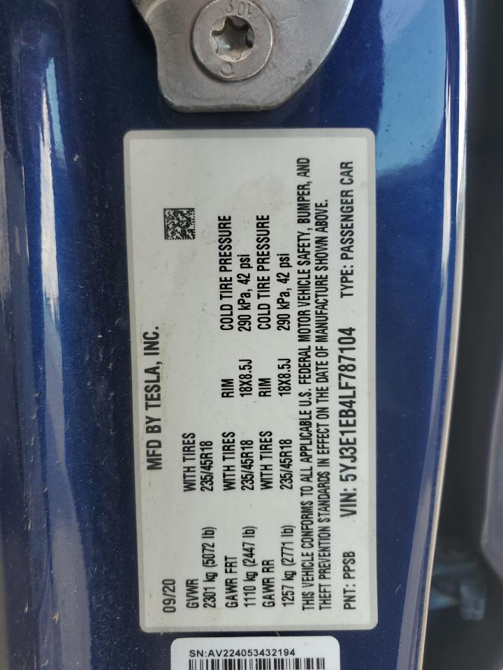 2020 Tesla Model 3 VIN: 5YJ3E1EB4LF787104 Lot: 60862485