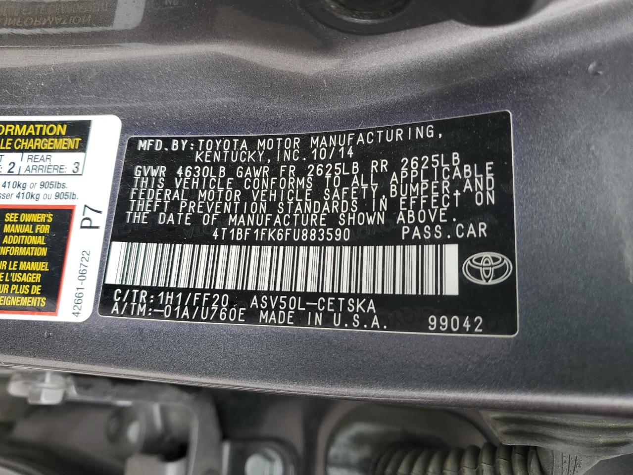2015 Toyota Camry Le VIN: 4T1BF1FK6FU883590 Lot: 60864035