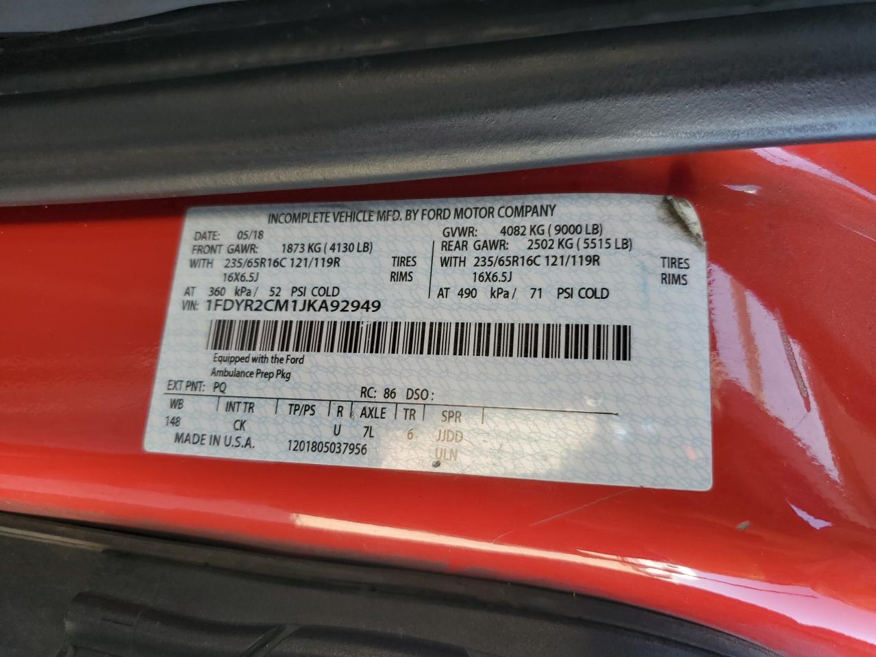 2018 Ford Transit T-250 VIN: 1FDYR2CM1JKA92949 Lot: 60888425