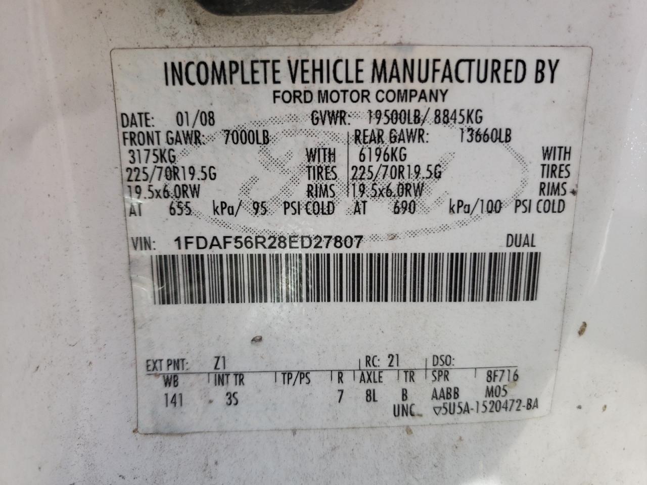 2008 Ford F550 Super Duty VIN: 1FDAF56R28ED27807 Lot: 61979045