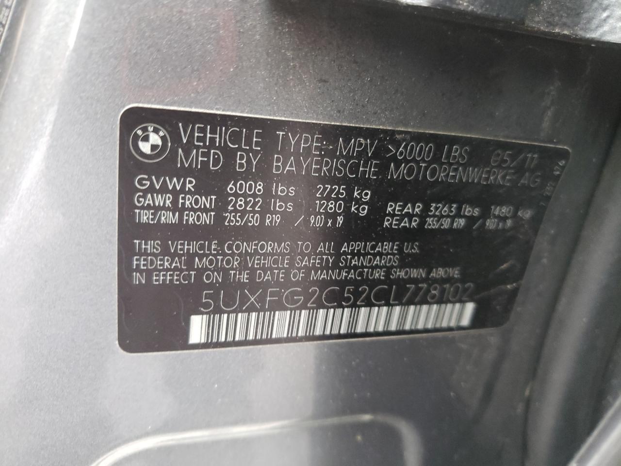 2012 BMW X6 xDrive35I VIN: 5UXFG2C52CL778102 Lot: 60794195