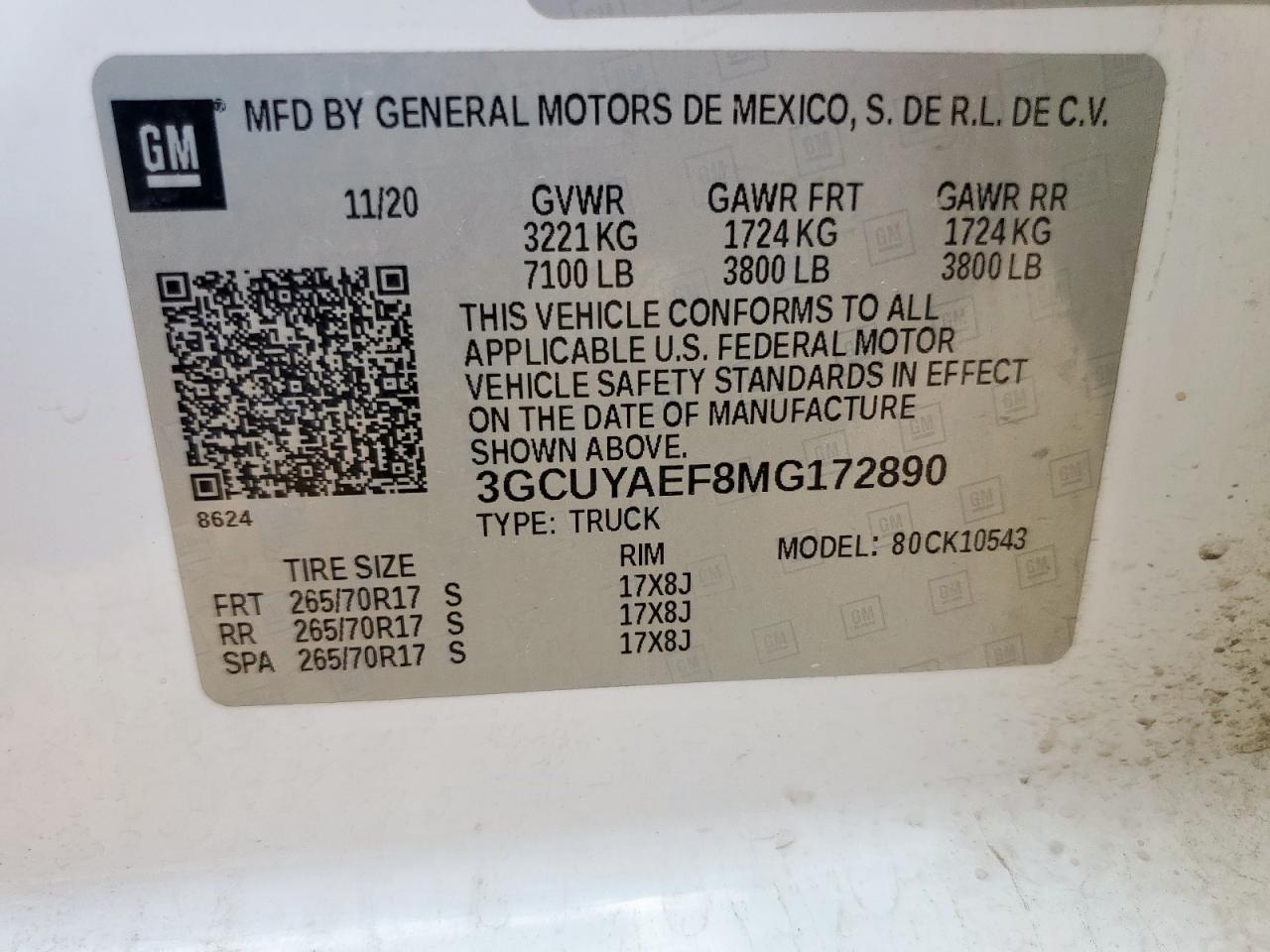2021 Chevrolet Silverado K1500 VIN: 3GCUYAEF8MG172890 Lot: 61661595