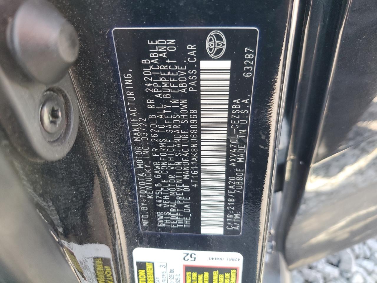 2022 Toyota Camry Se VIN: 4T1G11AK8NU680968 Lot: 60560265