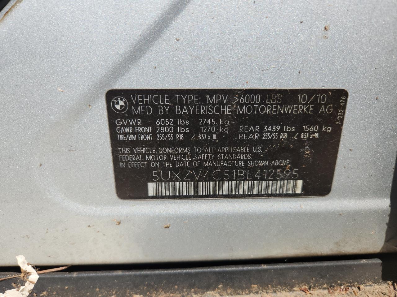 2011 BMW X5 xDrive35I VIN: 5UXZV4C51BL412595 Lot: 62502975