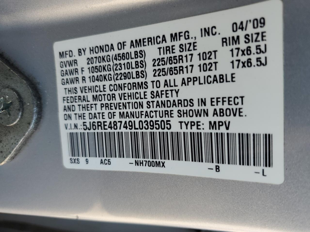 HONDA CRV 2009 VIN 5J6RE48749L039505 фото 14
