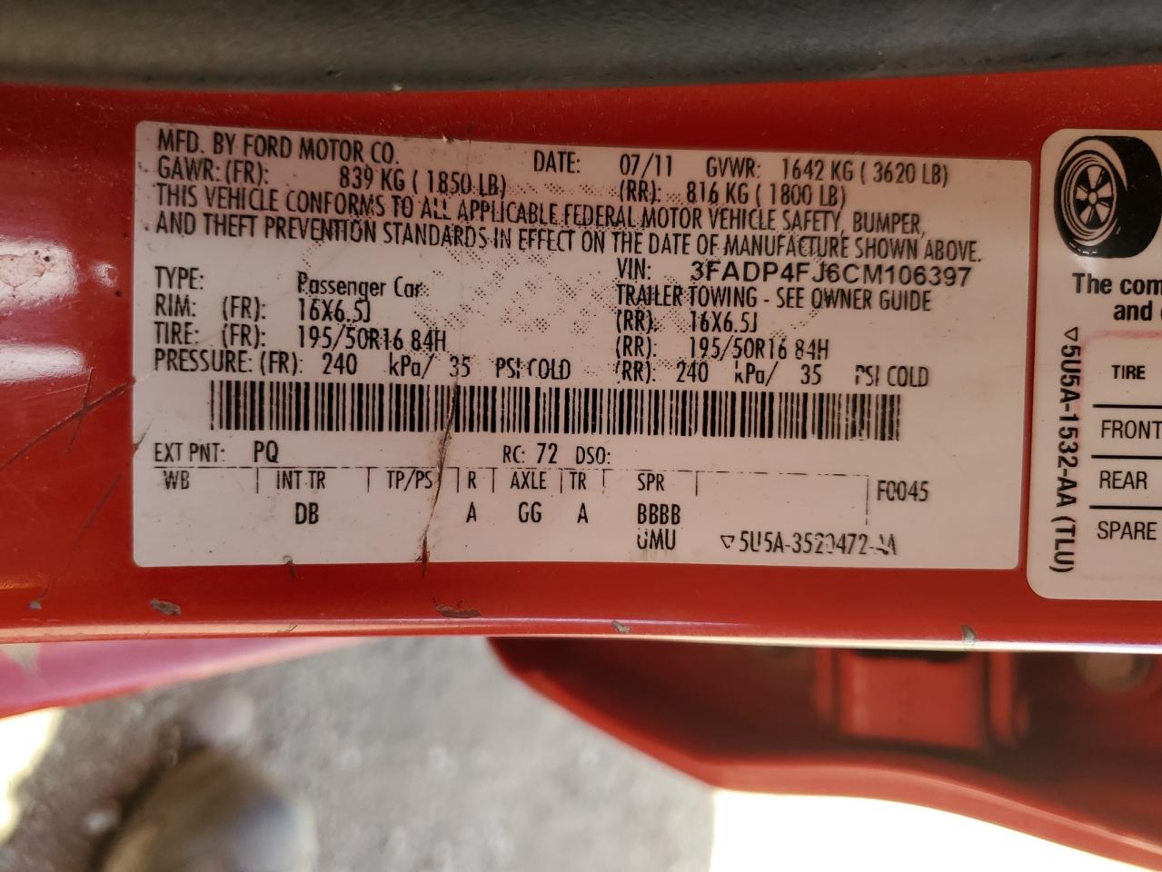 2012 Ford Fiesta Ses VIN: 3FADP4FJ6CM106397 Lot: 61749715