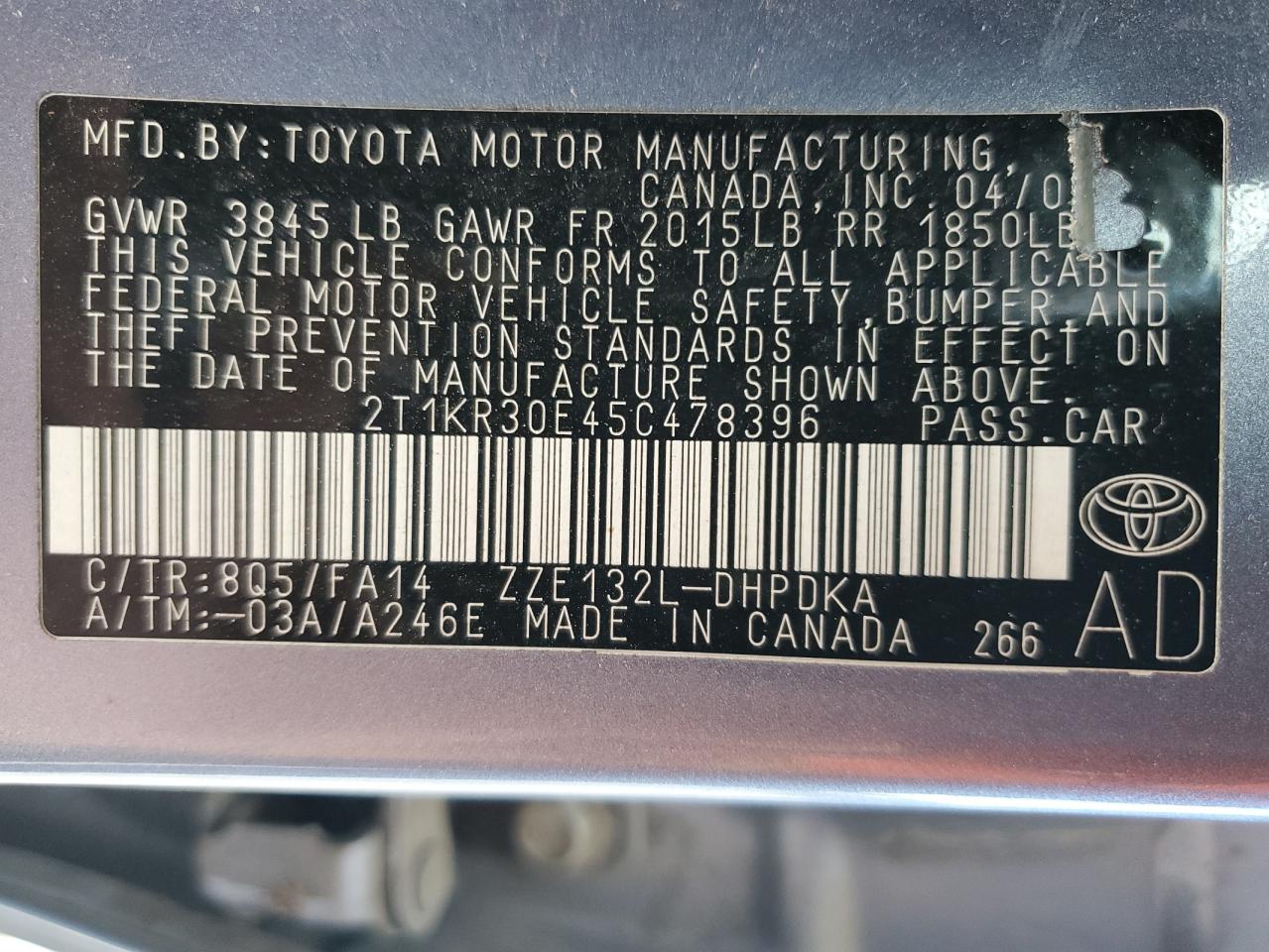 2005 Toyota Corolla Matrix Xr VIN: 2T1KR30E45C478396 Lot: 62609125