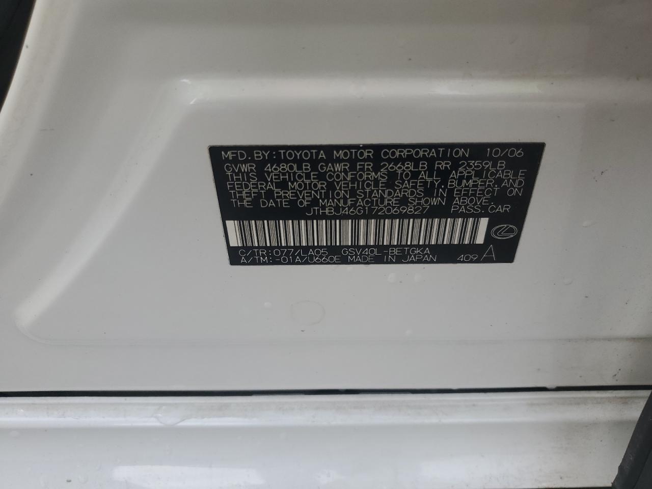 2007 Lexus Es 350 VIN: JTHBJ46G172069827 Lot: 61051985