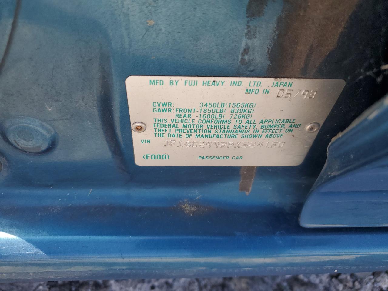 1993 Subaru Impreza L Plus VIN: JF1GC2443PK524150 Lot: 60859755