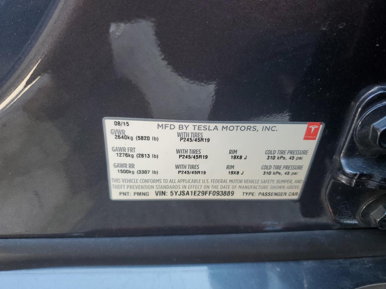 2015 Tesla Model S VIN: 5YJSA1E29FF093889 Lot: 62298895