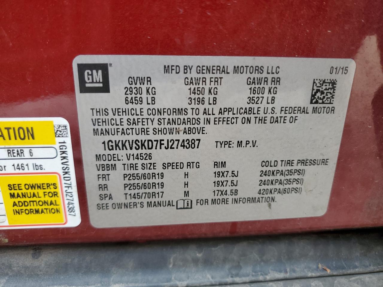 2015 GMC Acadia Slt-2 VIN: 1GKKVSKD7FJ274387 Lot: 61382325