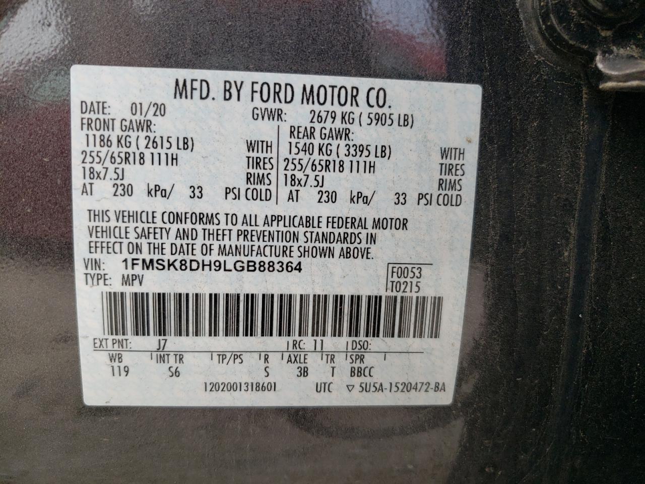 2020 Ford Explorer Xlt VIN: 1FMSK8DH9LGB88364 Lot: 60658275