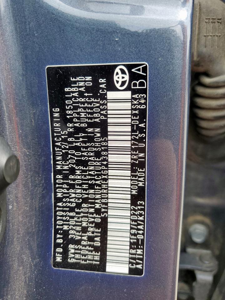 2016 Toyota Corolla L VIN: 5YFBURHEXGP438185 Lot: 60461095