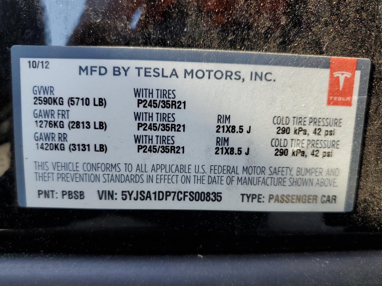 2012 Tesla Model S VIN: 5YJSA1DP7CFS00835 Lot: 62783595