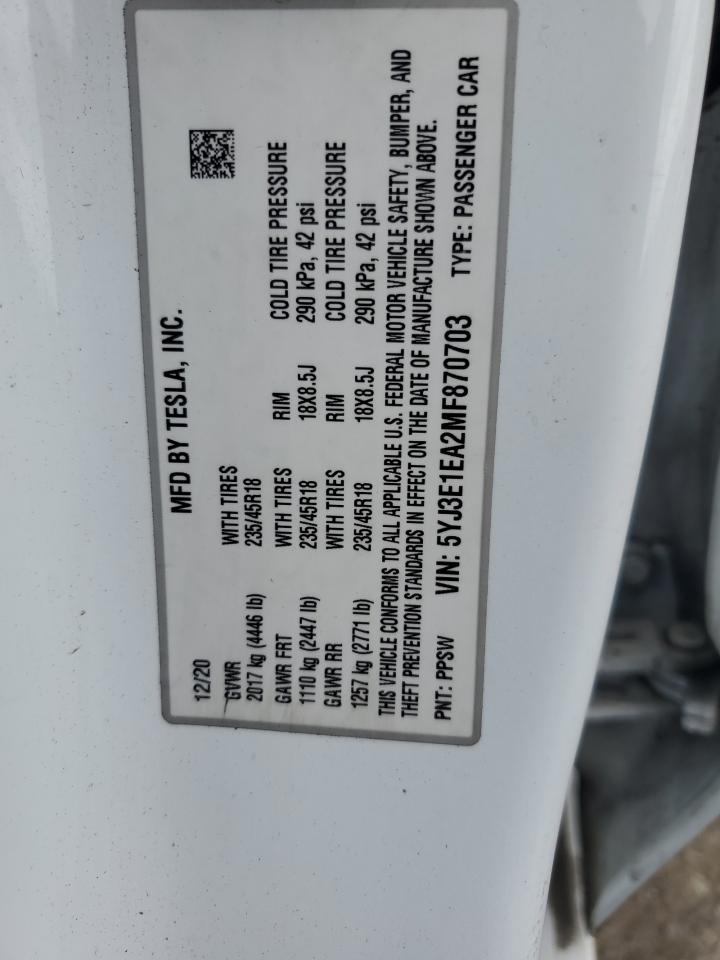 5yj3e1ea2mf870703 5YJ3E1EA2MF870703 2021 Tesla Model 3