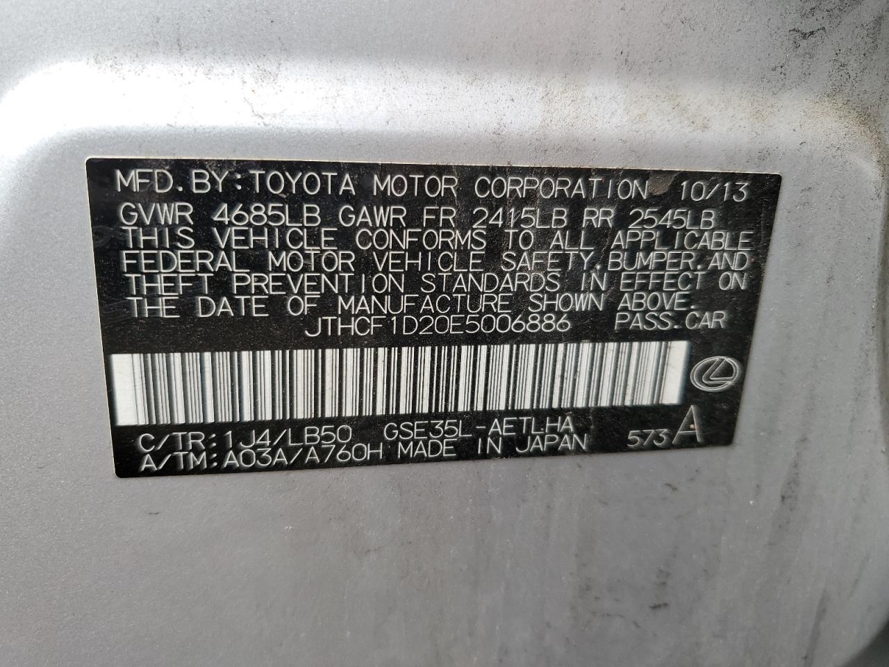 2014 Lexus Is 250 VIN: JTHCF1D20E5006886 Lot: 60992365