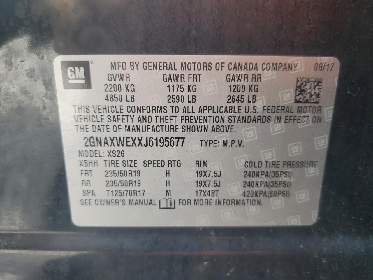 2018 Chevrolet Equinox Premier VIN: 2GNAXWEXXJ6195677 Lot: 63064815