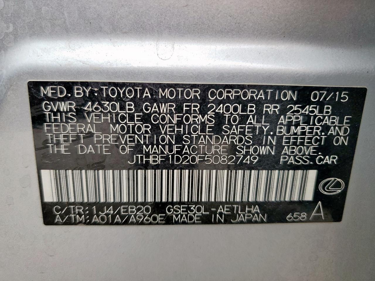 2015 Lexus Is 250 VIN: JTHBF1D20F5082749 Lot: 62143605
